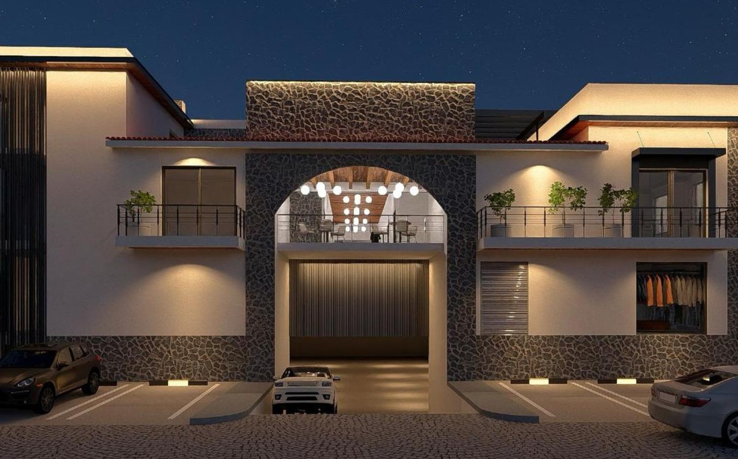 Render: the entrance arch and the way into the garage